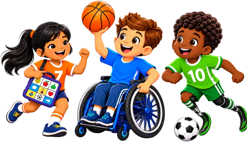 Three joyful adaptive athletes, including an Asian girl with a communication board, a child using a clearly visible wheelchair, and a Black boy with prosthetic legs playing basketball and soccer together