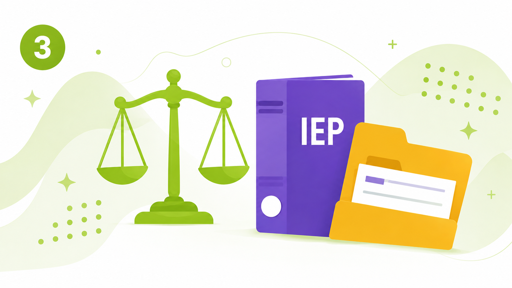 Faceless ARD and IEP illustration with scales, IEP binder, and student records