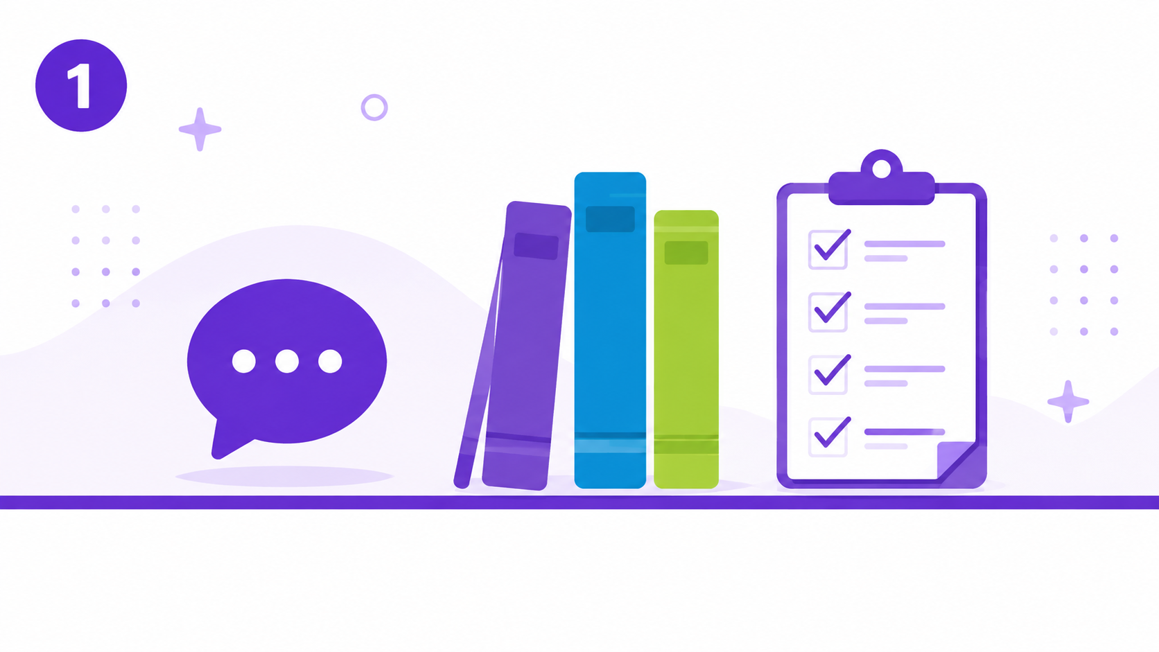 Faceless illustration with books, communication icon, and evaluation checklist