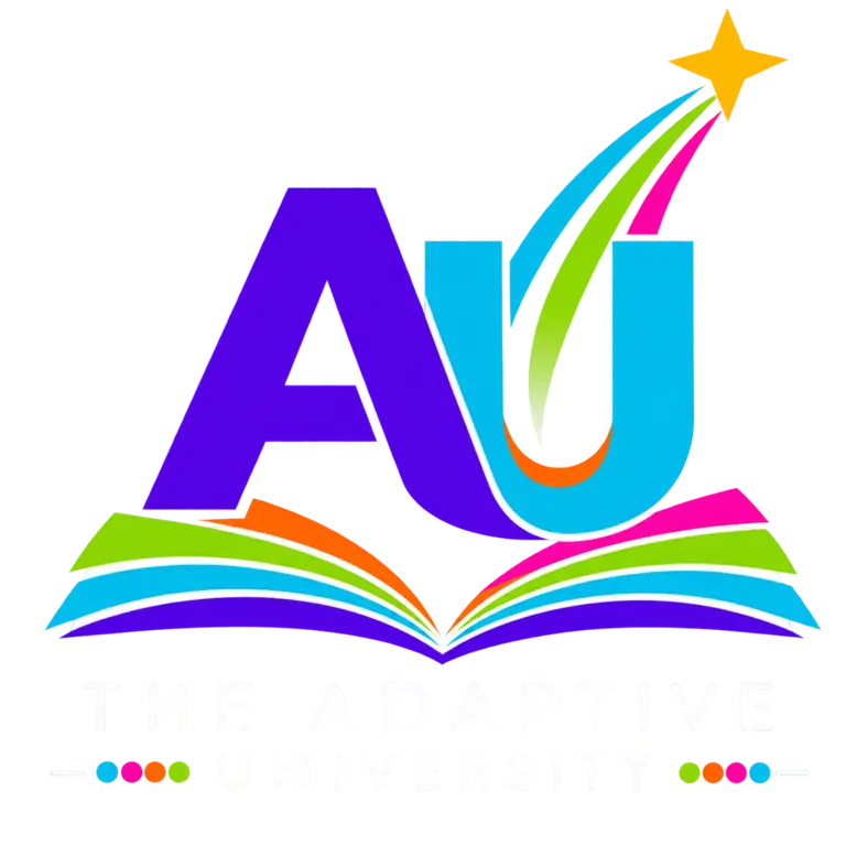 The Adaptive University logo with AU mark, rainbow book, star, and white wordmark