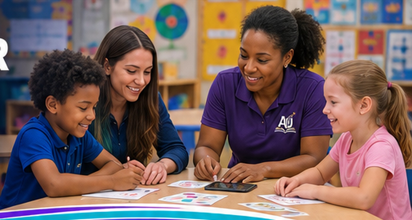 A collaborative learning scene with students and educators working together at a classroom table